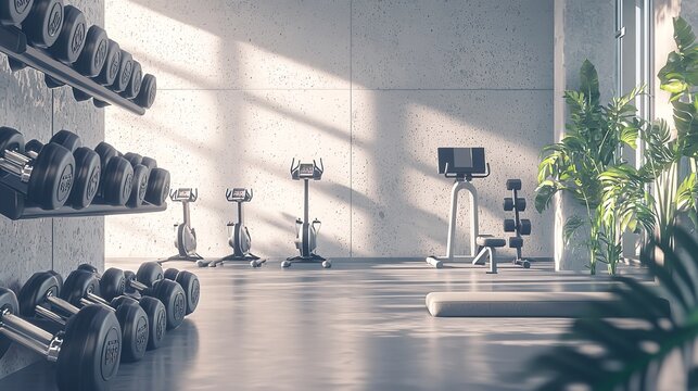White Wall Modern Gym Interior with Various Fitness Equipment