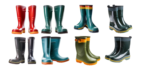 Colorful Rubber Boots on Transparent Background