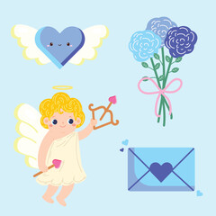 Cute Hand Drawn Cartoon Vector Cupid Angel Blue Valentine Illustration Set