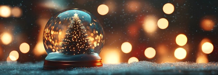 Snow globe with Christmas tree in snow on blurred lights background. Banner with Christmas or New Year winter scene. 3d render holiday concept. Design for greeting card, invitation with copy space