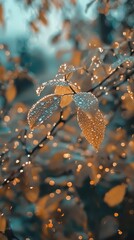 Obraz premium Glowing Leaves with Raindrops in Soft Evening Light