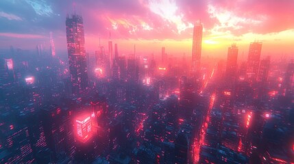 Fototapeta premium Futuristic city skyline at sunset, illuminated with vibrant pink and red neon lights.