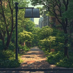 Obraz premium Tranquil City Walkway Solar Powered Lamp Green Trees