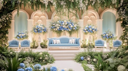 A beautifully decorated wedding stage with blue and white flowers arches and a couch for the bride and groom The stage is surrounded by lush greenery and a pastel color palette