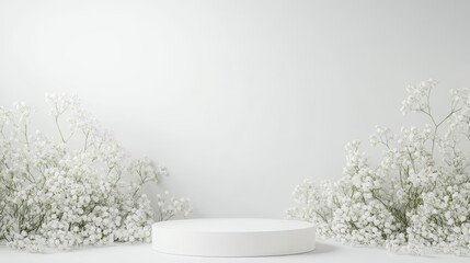 Fototapeta premium Top view photo with podium and white gypsophila flowers on white background with empty space