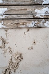 Wooden boardwalk at a beach with sea foam and sand, natural surroundings for a leisurely walk.