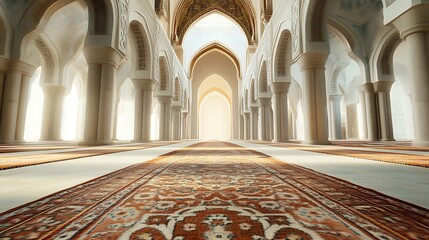 Obraz premium Sunlit mosque interior with arched columns and ornate carpet.