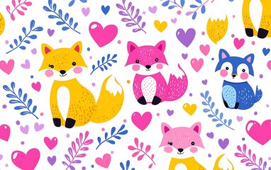 Cute cartoon foxes with hearts and leaves seamless pattern.