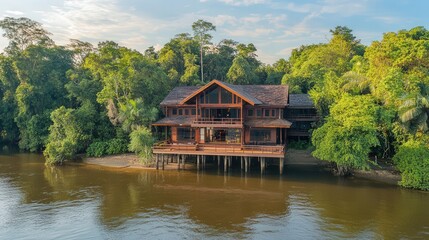 Obraz premium A traditional wooden house on stilts built along the Lamtan River, blending with its natural surroundings
