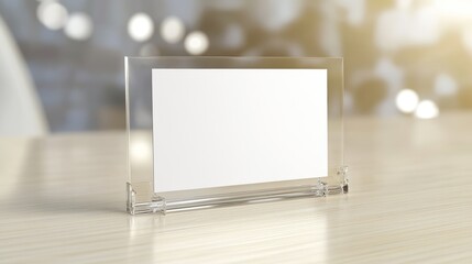 An elegant clear nameplate holder presents a blank card offering a customizable office accessory on a light wooden desk surface with a softly blurred background