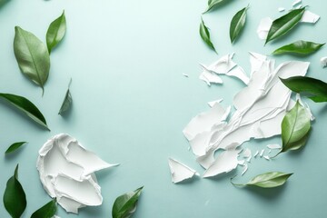 Broken eggshells are arranged amidst green leaves, symbolizing the beauty in the imperfection of nature.