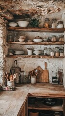 Rustic Kitchen Shelves with Wooden Accessories and Natural Decor