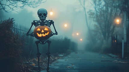 Skeleton Holding Jack O Lantern On Foggy Halloween Street