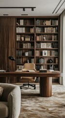 Modern Elegant Home Office with Wooden Bookshelves and Chair