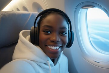 smiling young woman in a hoodie and noise cancelling headphones taking selfie on an airplane