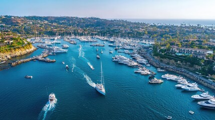 Obraz premium Serene Marina View with Yachts and Sailboats in Coastal Landscape