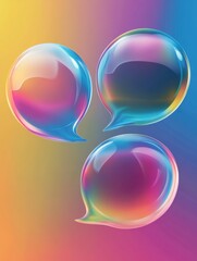 Three soap bubbles with speech bubbles on top, floating in a colorful space.