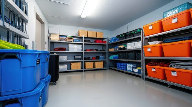 Organized Storage Room with Colorful Bins and Shelving Units