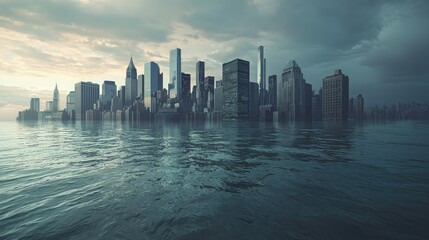 Fototapeta premium Flooded Cityscape with Skyscrapers Under Dramatic Cloudy Sky