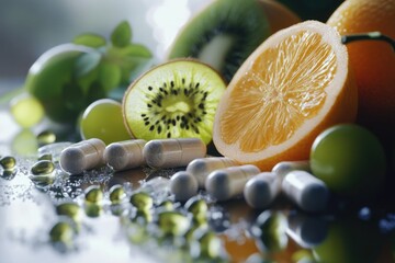 Various healthy foods including fruits, vitamins, and minerals for a nutritious diet and maintaining good health.