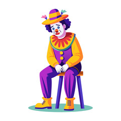 A flat illustration of a sad clown sitting on a wooden stool 

