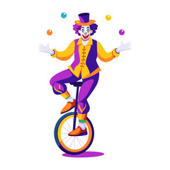 A flat illustration of a clown juggling balls on a single wheel bicycle    © Vectors Market