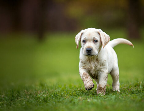 Heller Labrador Welpe auf gr&uuml;ner Wiese