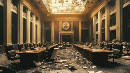 Abandoned Conference Room with Dust and Debris in Urban Setting