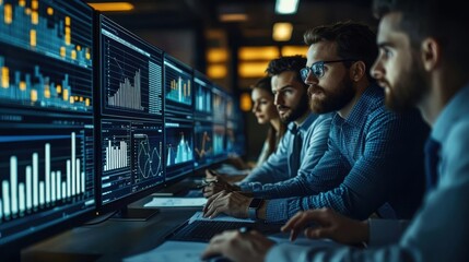 Focused team of professionals analyzing data on multiple screens in a modern office environment, symbolizing technology, collaboration, and strategic decision-making.