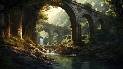 Fototapeta premium Enchanted Ruined Bridge in a Lush Valley