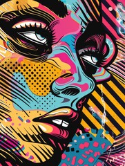 Obraz premium A striking, modern portrait of a woman in vibrant colors and bold strokes, showcasing the dynamic nature of pop art.