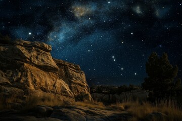 Starlit night landscape featuring the majestic Milky Way galaxy in the sky