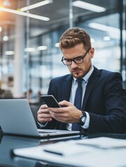 Fototapeta premium Man in business attire using technology for work