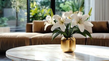 White lilies in gold vase on marble table in blurred living room. © rashyn