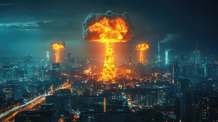Fototapeta premium Dramatic Nuclear Explosion Over Cityscape at Night with Fire and Smoke