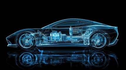 Naklejka premium Futuristic Transparent Electric Car with Detailed Engine Design