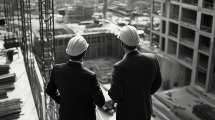 Two men in business attire standing on a construction site wearing hard hats, discussing project progress.