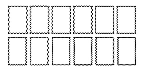 Zigzag stamps or wiggle stickers for badge, tag design. Curvy labels isolated on white background, editable stroke. Wiggle figure, rectangle.