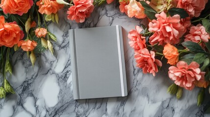 Flowers with empty gray notebook