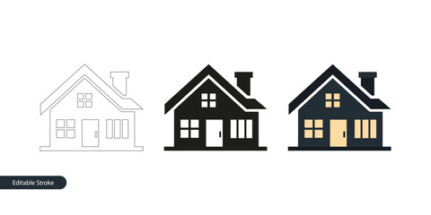House Icon in Three Styles: Editable Stroke Outline, Silhouette and Colorful