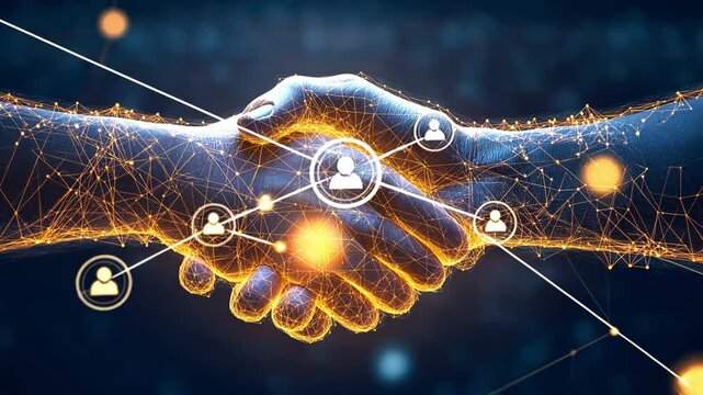 A digital handshake that represents connections and harmony in global business