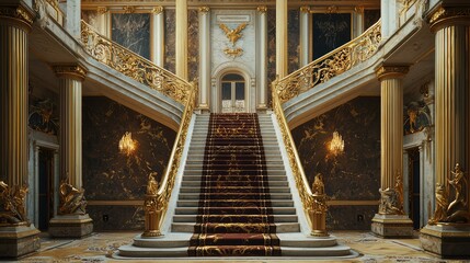 Majestic Grand Staircase with Ornate Gold Detailing and Luxury Decor