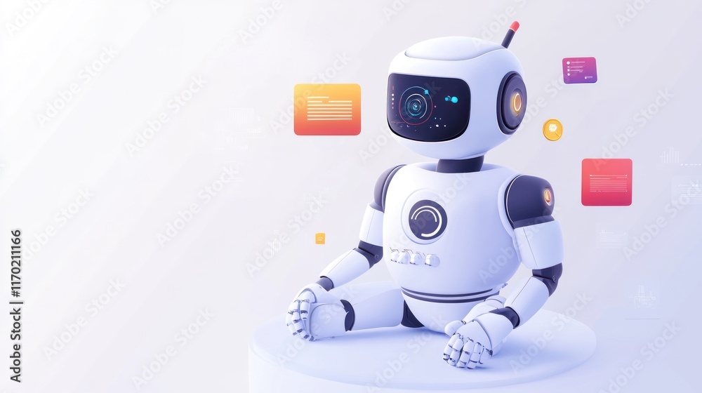 Poster a friendly, futuristic robot with a digital interface and colorful icons around it.