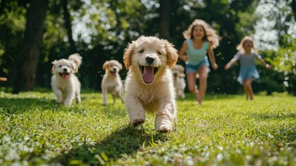 Playful Puppies Running with Children on a Sunny Day Outdoors