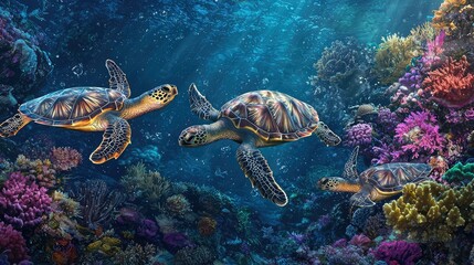 Fototapeta premium Graceful Sea Turtles Swimming Among Vibrant Coral Reefs