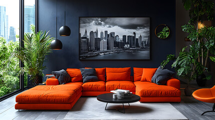 Modern living room with orange sectional sofa, city skyline art, and lush plants.