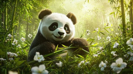 Obraz premium Cute Panda Among Green Bamboo and White Flowers in Forest