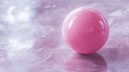 A single pink rubber ball on a reflective surface, suggesting play or exercise indoors.