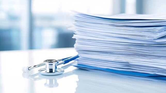 A photostock of a stack of medical journals and research papers