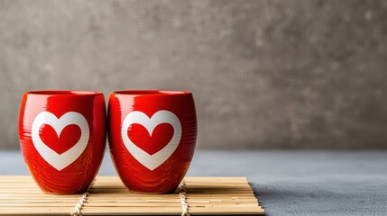 Japanese Valentine Concept, Charming Japanese Sake Cups with Heart Designs on Bamboo Mat - Perfect for Celebrations and Gifts